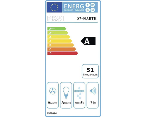 Energielabel voor afzuigkap met energie-efficiëntieklasse A, jaarlijks energieverbruik van 51 kilowattuur en geluidsemissies van 71 decibel