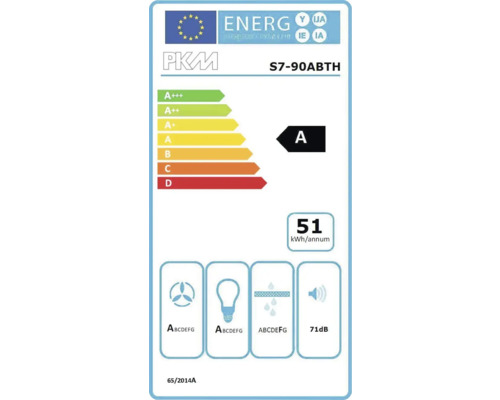 Energielabel PKM S7-90ABTH met energie-efficiëntieklasse A, jaarlijks energieverbruik van 51 kilowattuur en geluidsemissies van 71 decibel