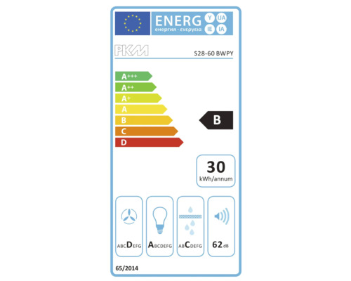 Energielabel PKM S28-60 BWPY met energie-efficiëntieklasse B, energieverbruik 30 kilowattuur per jaar en geluidsemissie 62 decibel