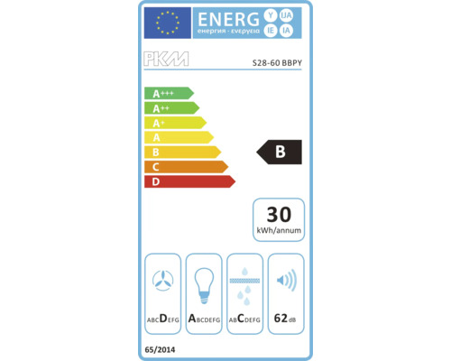 Energielabel PKM S28-60 BBPY met energie-efficiëntieklasse B, jaarlijks energieverbruik van 30 kilowattuur, geluidsniveau van 62 decibel