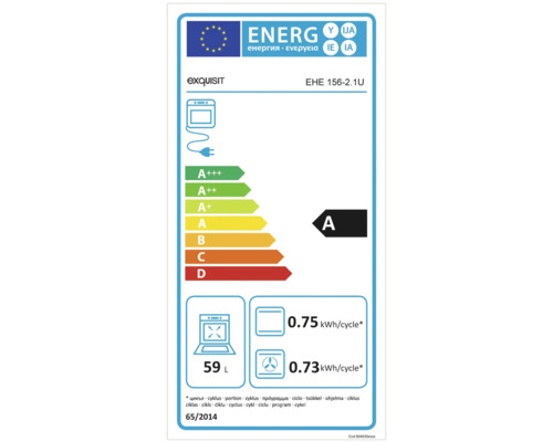 Exquisit energielabel voor oven met energie-efficiëntieklasse A en een inhoud van 59 liter