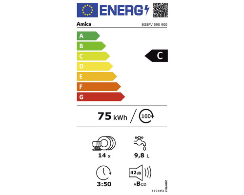 Amica energielabel voor vaatwasser, energie-efficiëntieklasse C, energieverbruik 75 kWh per 100 wasbeurten, 14 couverts, waterverbruik 9,8 liter, geluidsniveau 42 decibel, programmaduur 3 uur 50 minuten