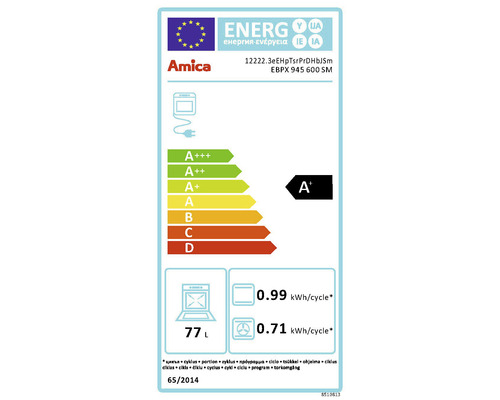 Amica energielabel voor oven: energie-efficiëntieklasse A'', 77 liter inhoud