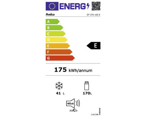 Amica energielabel met energie-efficiëntieklasse E, een jaarlijks energieverbruik van 175 kilowattuur, een vriesvolume van 41 liter, een koelvolume van 170 liter en een geluidsemissie van 40 decibel.