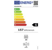 Energielabel Wolkenstein wijnkoelkast, 157 kilowattuur per jaar, energie-efficiëntieklasse G, 49 flessen, 41 decibel