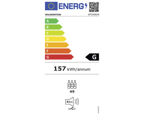 Energielabel Wolkenstein wijnkoelkast, 157 kilowattuur per jaar, energie-efficiëntieklasse G, 49 flessen, 41 decibel