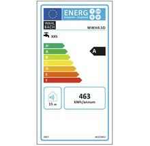 Energielabel voor een Wahl Bach product met energie-efficiëntieklasse A, een jaarlijks energieverbruik van 463 kilowattuur en een geluidsniveau van 15 decibel.