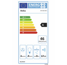 Amica energielabel voor afzuigkap KHF 664 630 S, energie-efficiëntieklasse A, jaarlijks energieverbruik 46 kWh, geluidsemissie 67 dB