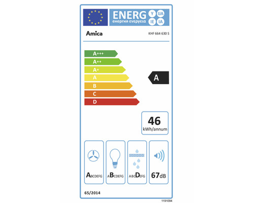 Amica energielabel voor afzuigkap KHF 664 630 S, energie-efficiëntieklasse A, jaarlijks energieverbruik 46 kWh, geluidsemissie 67 dB