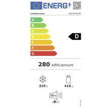Energielabel voor een LG Electronics product met energie-efficiëntieklasse D, een jaarlijks energieverbruik van 280 kilowattuur, een vriesvolume van 219 liter, een koelvolume van 416 liter en een geluidsniveau van 35 decibel.