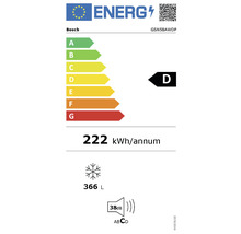 Energielabel voor een Bosch product met energie-efficiëntieklasse D, een jaarlijks energieverbruik van 222 kilowattuur, een vriesvolume van 366 liter en een geluidsniveau van 38 decibel