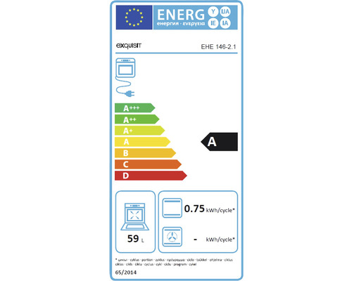Exquisit energielabel EHE 146-2.1 met energie-efficiëntieklasse A, 59 liter inhoud en een energieverbruik van 0,75 kilowattuur per cyclus.