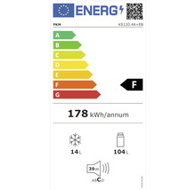 Energielabel voor PKM KS120.4A+EB: energie-efficiëntieklasse F, jaarlijks energieverbruik 178 kWh, vriesvakvolume 14 liter, koelvakvolume 104 liter, geluidsemissie 39 decibel.