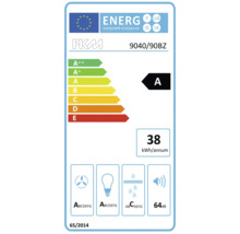 PKM 9040/90BZ afzuigkap energielabel A, energieverbruik 38 kilowattuur per jaar, geluidsniveau 64 decibel