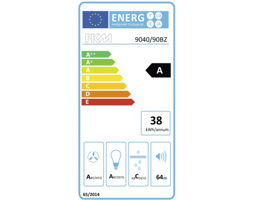 PKM 9040/90BZ afzuigkap energielabel A, energieverbruik 38 kilowattuur per jaar, geluidsniveau 64 decibel