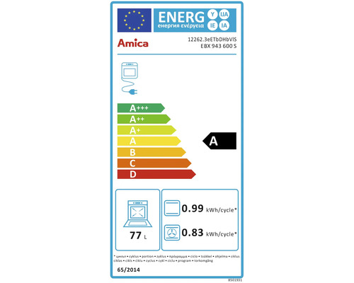 Amica energielabel voor oven met energie-efficiëntieklasse A en een volume van 77 liter