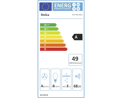 Amica energielabel KHF 695 600 S, energie-efficiëntieklasse A, energieverbruik 49 kilowattuur per jaar, geluidsemissie 68 decibel