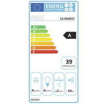 PKM energielabel S3-90ABTZ met energie-efficiëntieklasse A, jaarlijks energieverbruik van 39 kilowattuur en een geluidsniveau van 64 decibel