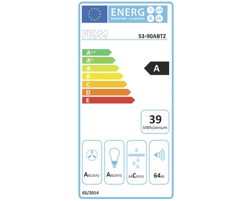 PKM energielabel S3-90ABTZ met energie-efficiëntieklasse A, jaarlijks energieverbruik van 39 kilowattuur en een geluidsniveau van 64 decibel