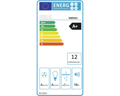 Energielabel PKM 9080WZ met energie-efficiëntieklasse A+, jaarlijks energieverbruik van 12 kilowattuur en een geluidsniveau van 59 decibel