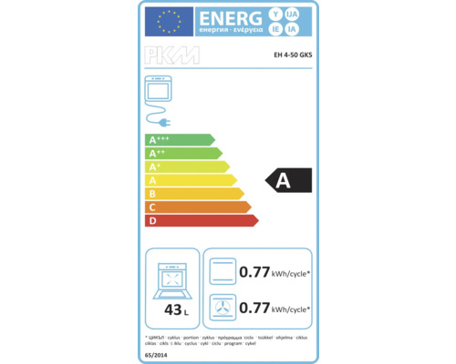 Energielabel voor een PKM oven met energie-efficiëntieklasse A, een energieverbruik van 0.77 kilowattuur per cyclus en een volume van 43 liter.
