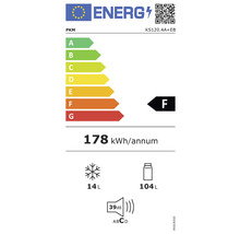 Energielabel voor PKM KS120.4A+EB: Energie-efficiëntieklasse F, jaarlijks energieverbruik 178 kilowattuur, vriesvakvolume 14 liter, koelvakvolume 104 liter, geluidsemissie 39 decibel, geluidsemissieklasse C.
