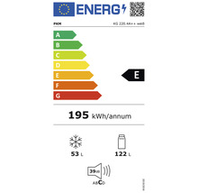 Energielabel PKM KG 220.4A++ wit: energie-efficiëntieklasse E, jaarlijks energieverbruik 195 kilowattuur, vriesvakvolume 53 liter, koelvakvolume 122 liter, geluidsemissie 39 decibel.