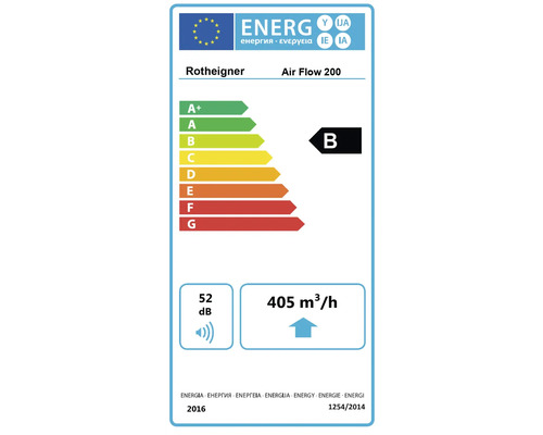 Energielabel voor Rotheigner Air Flow 200 met energie-efficiëntieklasse B, 52 decibel en 405 kubieke meter per uur