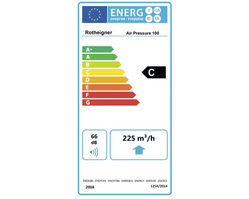 Energielabel voor Rotheigner Air Pressure 100 met energie-efficiëntieklasse C, 66 decibel en 225 kubieke meter per uur