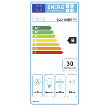 PKM-energielabel met energie-efficiëntieklasse B, jaarlijks energieverbruik van 30 kilowattuur en een geluidsniveau van 64 decibel