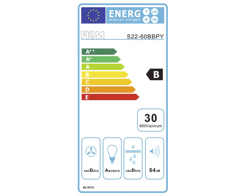 PKM-energielabel met energie-efficiëntieklasse B, jaarlijks energieverbruik van 30 kilowattuur en een geluidsniveau van 64 decibel