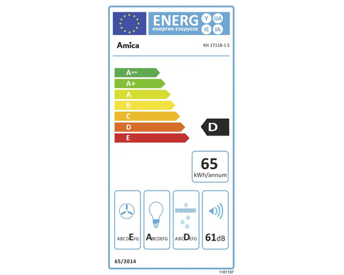 Amica energielabel met energie-efficiëntieklasse D, energieverbruik 65 kilowattuur per jaar en geluidsniveau 61 decibel