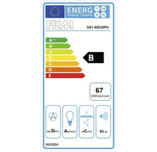Energielabel PKM GS1-60CIXPH met energie-efficiëntieklasse B, energieverbruik 67 kilowattuur per jaar en geluidsemissie 63 decibel