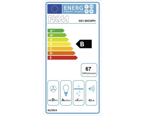 Energielabel PKM GS1-60CIXPH met energie-efficiëntieklasse B, energieverbruik 67 kilowattuur per jaar en geluidsemissie 63 decibel