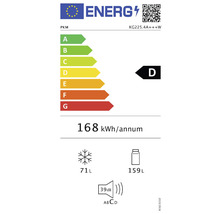 Energielabel PKM KG225.4A+++W met energie-efficiëntieklasse D, jaarlijks energieverbruik van 168 kilowattuur, 71 liter vriesvolume, 159 liter koelvolume en een geluidsniveau van 39 decibel.