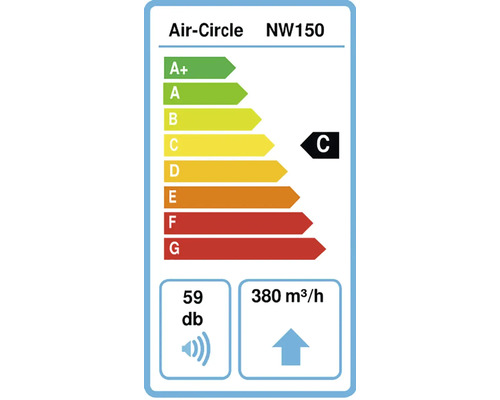 Energielabel voor Air-Circle NW150 met energie-efficiëntieklasse C, 59 decibel en 380 kubieke meter per uur luchtstroom