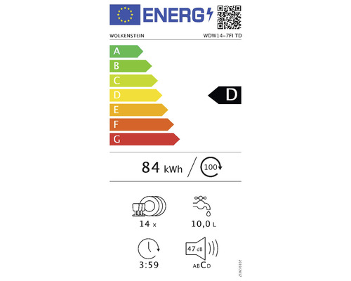 Energielabel Wolkenstein vaatwasser, energie-efficiëntieklasse D, energieverbruik 84 kWh per 100 cycli, waterverbruik 10,0 liter, geluidsniveau 47 dB