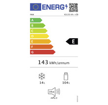 Energielabel PKM KS120.4A++EB met energie-efficiëntieklasse E, jaarlijks energieverbruik van 143 kilowattuur, 14 liter vriesvolume, 104 liter koelvolume en een geluidsniveau van 39 decibel.
