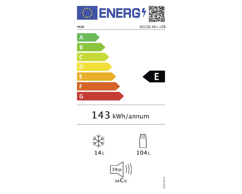 Energielabel PKM KS120.4A++EB met energie-efficiëntieklasse E, jaarlijks energieverbruik van 143 kilowattuur, 14 liter vriesvolume, 104 liter koelvolume en een geluidsniveau van 39 decibel.