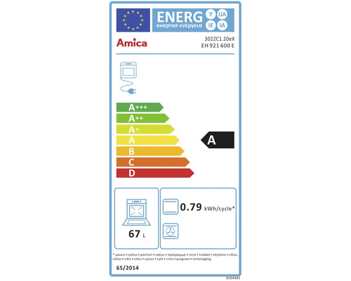 Amica energielabel met energie-efficiëntieklasse A, 67 liter inhoud en een verbruik van 0.79 kilowattuur per cyclus