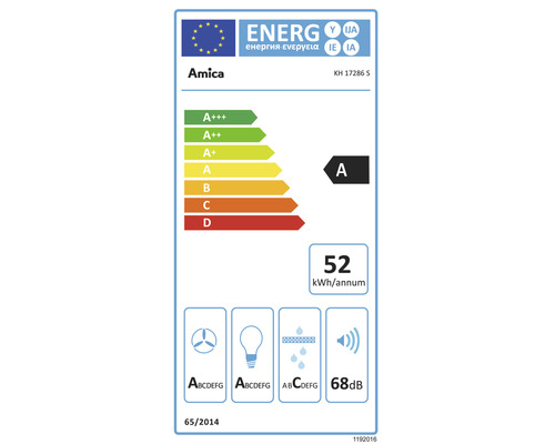 Amica energielabel met energie-efficiëntieklasse A, jaarlijks energieverbruik van 52 kWh en een geluidsniveau van 68 decibel.