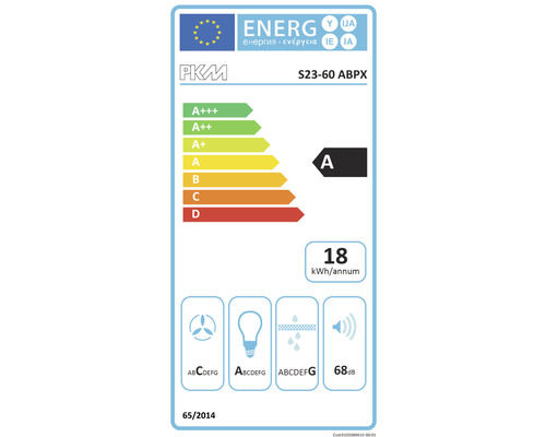 Energielabel PKM S23-60 ABPX met energie-efficiëntieklasse A, jaarlijks energieverbruik van 18 kilowattuur en geluidsniveau van 68 decibel