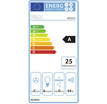 PKM energielabel met energie-efficiëntieklasse A, een jaarlijks energieverbruik van 25 kilowattuur en een geluidsniveau van 64 decibel