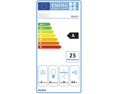 PKM energielabel met energie-efficiëntieklasse A, een jaarlijks energieverbruik van 25 kilowattuur en een geluidsniveau van 64 decibel