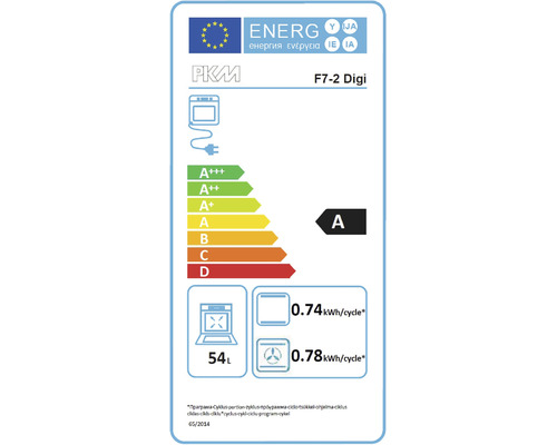 Energielabel voor PKM F7-2 Digi oven, energie-efficiëntieklasse A, 54 liter inhoud