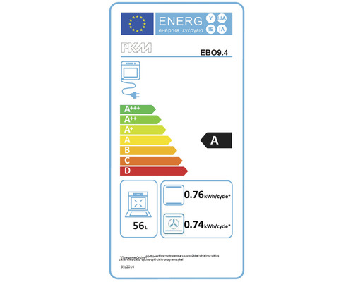Energielabel van de PKM EBO9.4 oven met energie-efficiëntieklasse A, een energieverbruik van 0,76 kilowattuur per cyclus in de conventionele modus en 0,74 kilowattuur per cyclus in de heteluchtmodus, en een inhoud van 56 liter
