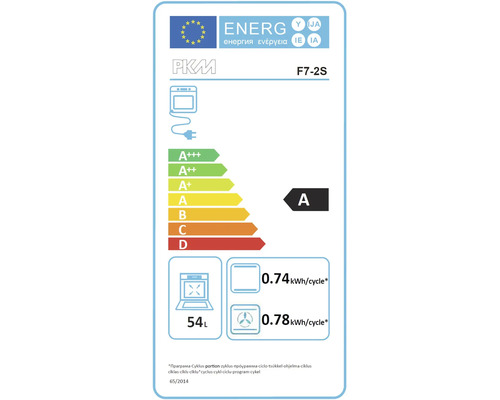 PKM F7-2S energielabel met energie-efficiëntieklasse A, stroomverbruik 0,74 kilowattuur per cyclus, 54 liter volume