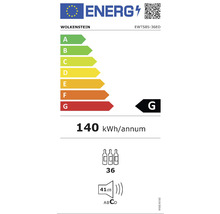 Energielabel voor WOLKENSTEIN EWTS85-36ED met energie-efficiëntieklasse G, een jaarlijks energieverbruik van 140 kWh, een capaciteit van 36 flessen en een geluidsniveau van 41 decibel