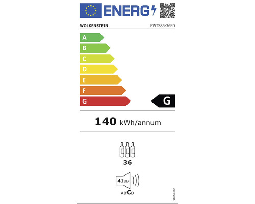 Energielabel voor WOLKENSTEIN EWTS85-36ED met energie-efficiëntieklasse G, een jaarlijks energieverbruik van 140 kWh, een capaciteit van 36 flessen en een geluidsniveau van 41 decibel