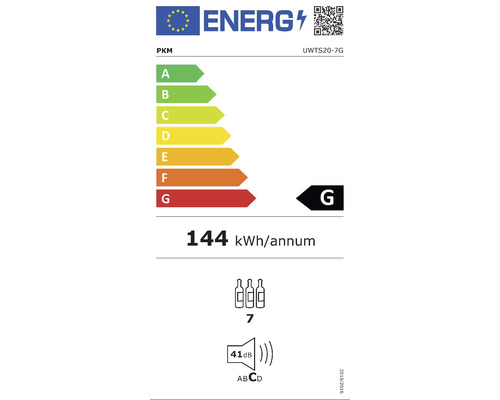 PKM-energielabel met energie-efficiëntieklasse G, een jaarlijks energieverbruik van 144 kWh, een capaciteit van zeven flessen en een geluidsniveau van 41 decibel